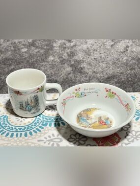 Wedgwood Christening Baby Bowl and Mug Set in White with Pastel Illustrations